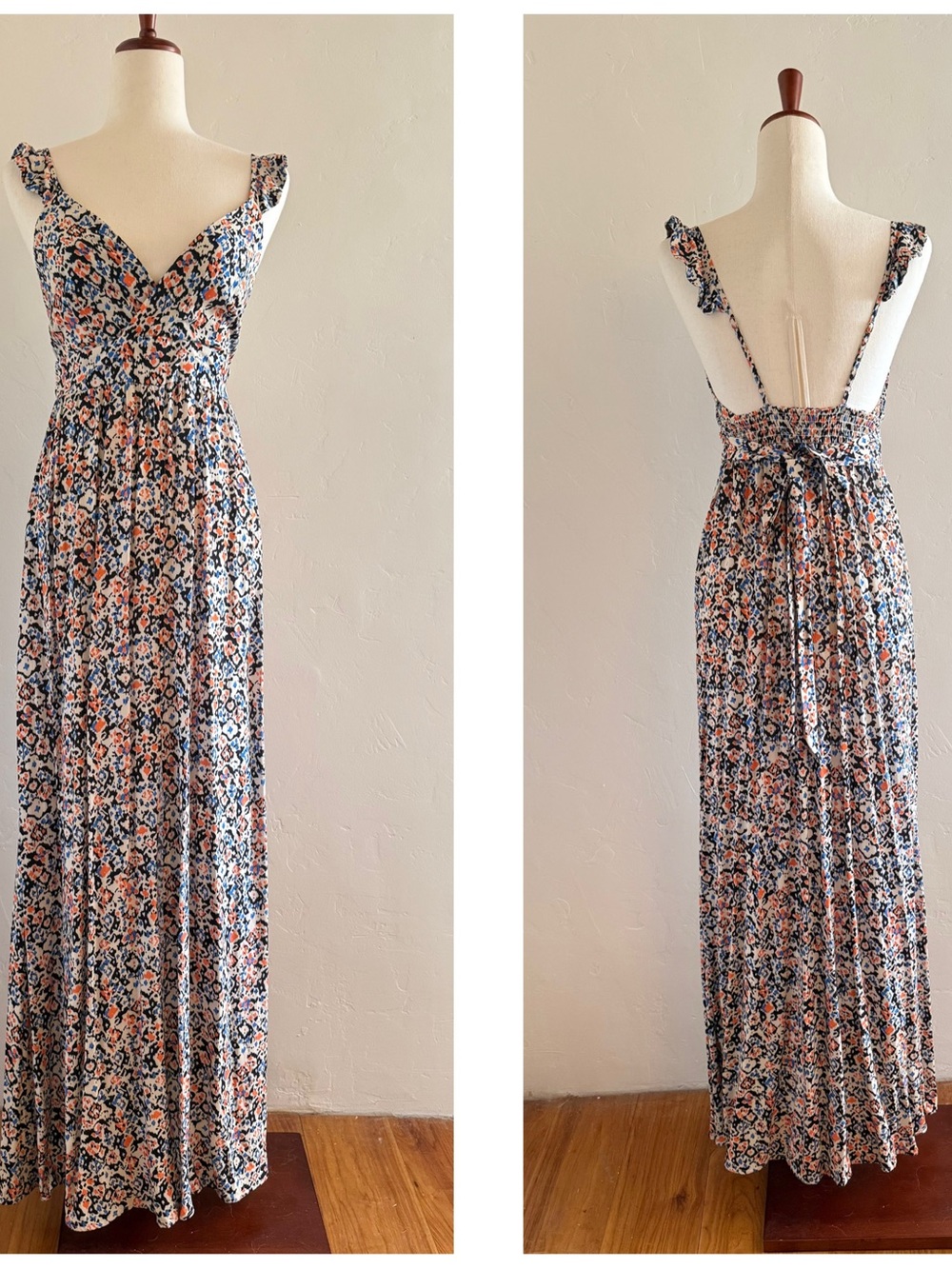 Maaji Maxi Dress Multicolor Abstract Print Ruffle Strap Smocked Back Tie Waist M